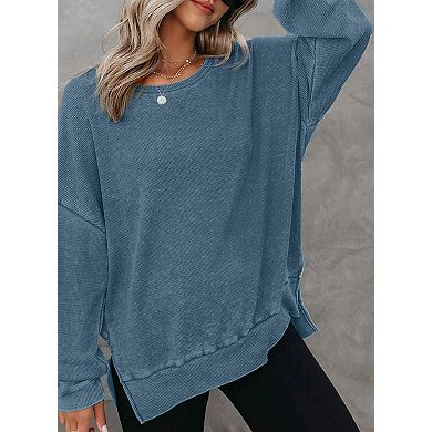 Women's Long Sleeve Oversized Waffle Knit Crewneck Sweatshirts Casual Tops
