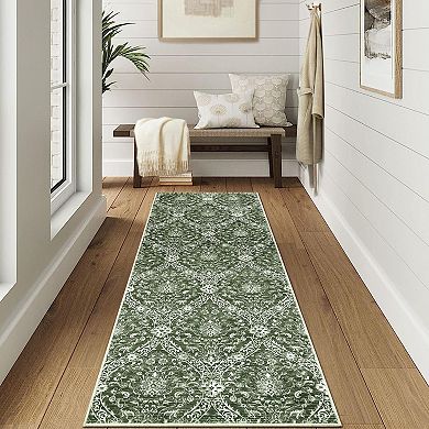 Vintage Damask Area Rug Machine Washable Vacuum Clean Ultra Thin Stain Resistant Carpet for Bedroom