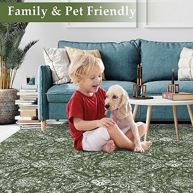 Vintage Damask Area Rug Machine Washable Vacuum Clean Ultra Thin Stain Resistant Carpet for Bedroom