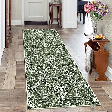 Vintage Damask Area Rug Machine Washable Vacuum Clean Ultra Thin Stain Resistant Carpet for Bedroom