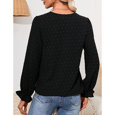 Women's V Neck Long Sleeve Elegant Blouse with Lace Detail