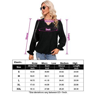 Women's V Neck Long Sleeve Elegant Blouse with Lace Detail