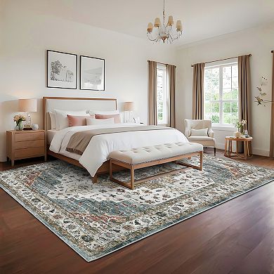 Vintage Medallion Area Rug Machine Washable Vacuum Clean Ultra Thin Carpet for Dining Room Bedroom