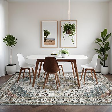 Vintage Medallion Area Rug Machine Washable Vacuum Clean Ultra Thin Carpet for Dining Room Bedroom