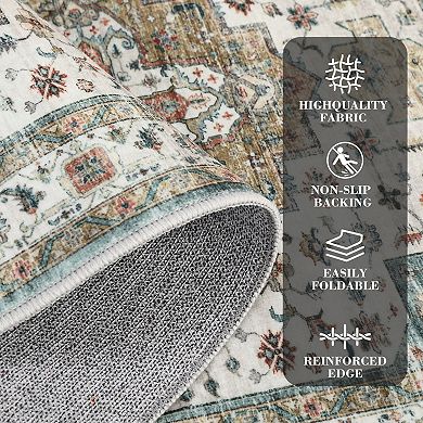 Vintage Medallion Area Rug Machine Washable Vacuum Clean Ultra Thin Carpet for Dining Room Bedroom