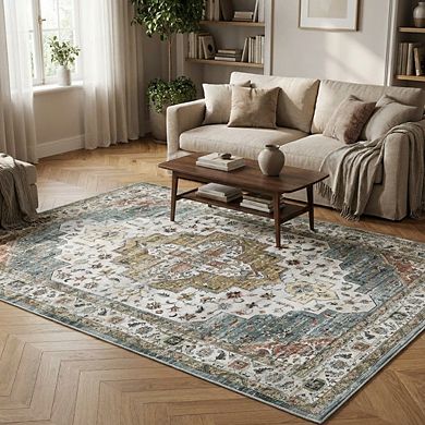 Vintage Medallion Area Rug Machine Washable Vacuum Clean Ultra Thin Carpet for Dining Room Bedroom
