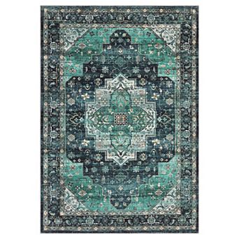 Vintage Medallion Area Rug Machine Washable Vacuum Clean Ultra Thin Carpet for Dining Room Bedroom