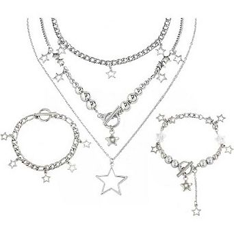 2 pc Silver Star Necklace Set, Y2K Grunge Vintage Jewelry