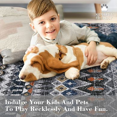 Boho Area Rug Machine Washable Non Slip Non Shedding Stain Resistant Floor Cover for Bedroom