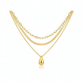 14K Gold Plated 3 pc Layered Necklace Set, Herringbone Choker