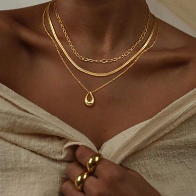 14K Gold Plated 3Pcs Layered Necklace Set, Herringbone Choker