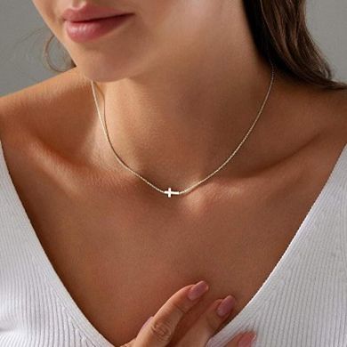 Silver Cross Necklace, Dainty Small Pendant Choker Religious Jewelry