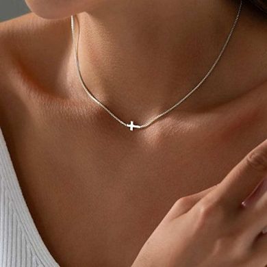 Silver Cross Necklace, Dainty Small Pendant Choker Religious Jewelry