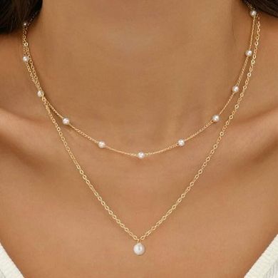 14K Gold Plated Pearl Necklace, Layered Chain Trendy Jewelry Gift