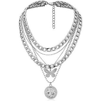 Retro Coin Pendant Necklace, Silver Layered Chunky Chain Choker