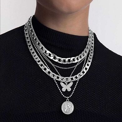 Retro Coin Pendant Necklace, Silver Layered Chunky Chain Choker