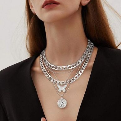 Retro Coin Pendant Necklace, Silver Layered Chunky Chain Choker