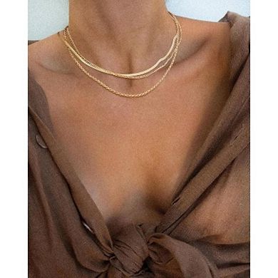 Gold Plated Herringbone & Snake Chain Necklace Set, Layered Choker