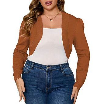Women Plus Size Open Front Cardigan 3/4 Sleeve Cropped Bolero Shrug Cardigan Sweater