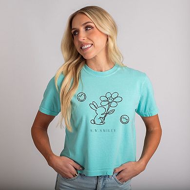S.W.Smiley Bunny Outline Flower - Women's Boxy Crop Top Graphic T-Shirt