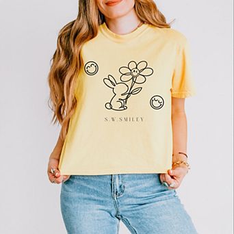 S.W.Smiley Bunny Outline Flower - Women's Boxy Crop Top Graphic T-Shirt