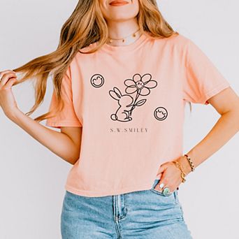 S.W.Smiley Bunny Outline Flower - Women's Boxy Crop Top Graphic T-Shirt