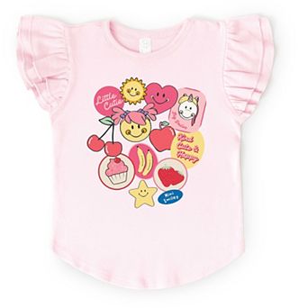 Mini Smiley Little Cutie Fruit Stickers - Flutter Sleeve Graphic T-Shirt