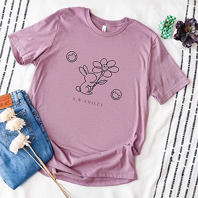 S.W.Smiley Bunny Outline Flower - Women's Short Sleeve Graphic T-Shirt