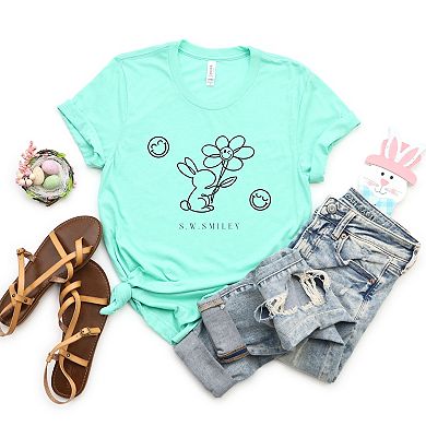 S.W.Smiley Bunny Outline Flower - Women's Short Sleeve Graphic T-Shirt