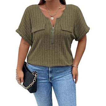 T-Shirts for Women V Neck Zipper Fake Pocket Oversized Ladies Ribbed Short Sleeve Tunic Top