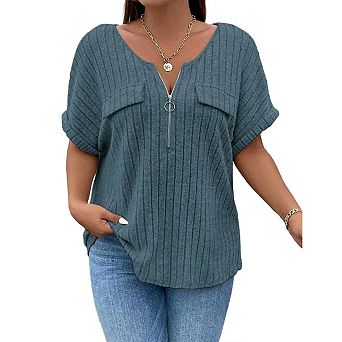 T-Shirts for Women V Neck Zipper Fake Pocket Oversized Ladies Ribbed Short Sleeve Tunic Top