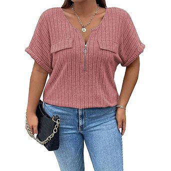 T-Shirts for Women V Neck Zipper Fake Pocket Oversized Ladies Ribbed Short Sleeve Tunic Top