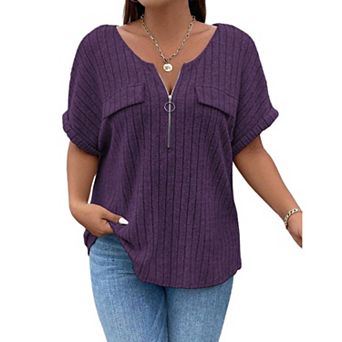 T-Shirts for Women V Neck Zipper Fake Pocket Oversized Ladies Ribbed Short Sleeve Tunic Top
