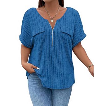 T-Shirts for Women V Neck Zipper Fake Pocket Oversized Ladies Ribbed Short Sleeve Tunic Top