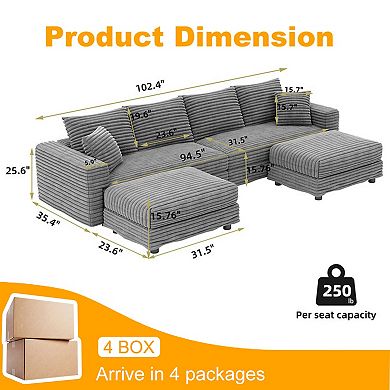 Merax 4 Seat Heavy Duty Sofa with Movable Ottoman Corduroy Modular Sectional