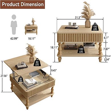 Merax 31.5 Inch Square Fluted Lift-Top Coffee Table Hidden & Open Storage