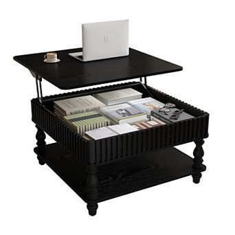 Merax 31.5 Inch Square Fluted Lift-Top Coffee Table Hidden & Open Storage