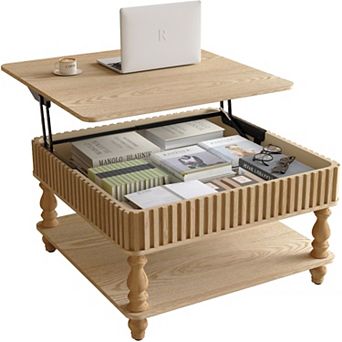 Merax 31.5 Inch Square Fluted Lift-Top Coffee Table Hidden & Open Storage