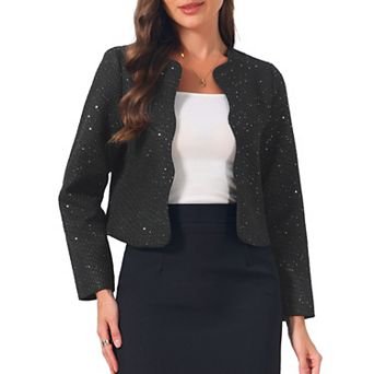 Tweed Jackets for Women Long Sleeve Crewneck Open Front Work Business Blazer Jacket