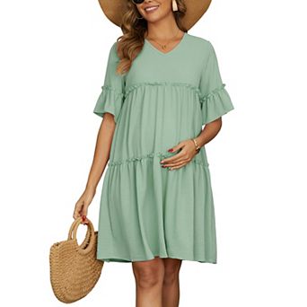 Women's Maternity Dress Babydoll Bohemian Tiered Ruffled Bell Sleeve V Neck Boho Pregnancy Dresses
