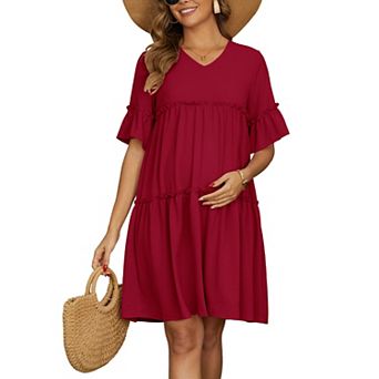 Women's Maternity Dress Babydoll Bohemian Tiered Ruffled Bell Sleeve V Neck Boho Pregnancy Dresses