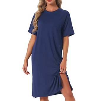 Women's Casual Summer Pajama Dress Loose Fit Nightshirts Short Sleeve Sleepwear Split Midi Nightgown