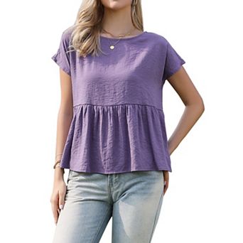 Short Sleeve Blouse for Women Casual Round Neck Ruffle Flowy Spring Summer Going Out Blouses Top