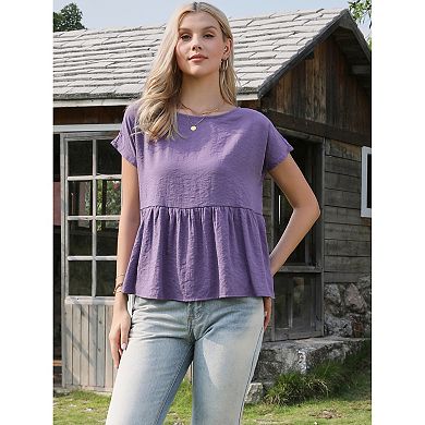 Short Sleeve Blouse for Women Casual Round Neck Ruffle Flowy Spring Summer Going Out Blouses Top