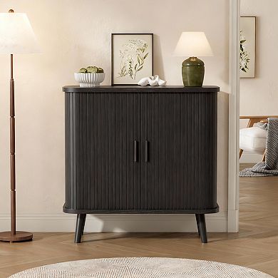 Modern Black Fluted Sideboard with Sliding Doors for Dining Room