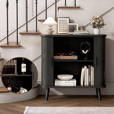 Modern Black Fluted Sideboard with Sliding Doors for Dining Room