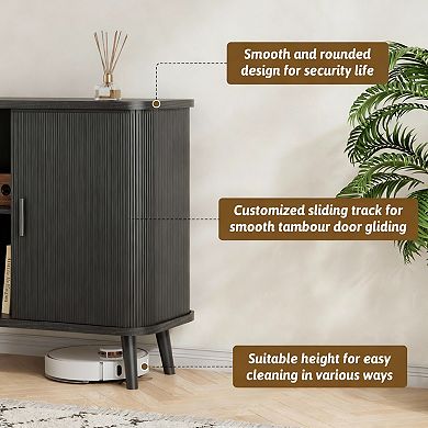 Modern Black Fluted Sideboard with Sliding Doors for Dining Room