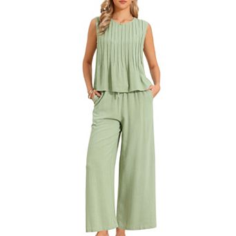 Women's Summer 2 pc Sets Pleated Tank Top Wide Leg Pants Lounge Set Vacation Beach Outfits