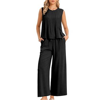 Women's Summer 2 pc Sets Pleated Tank Top Wide Leg Pants Lounge Set Vacation Beach Outfits