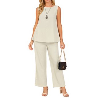 Women's Summer 2 pc Outfits Sleeveless Round Neck Tank Top Dressy Casual Sets Wide Leg Pants Set
